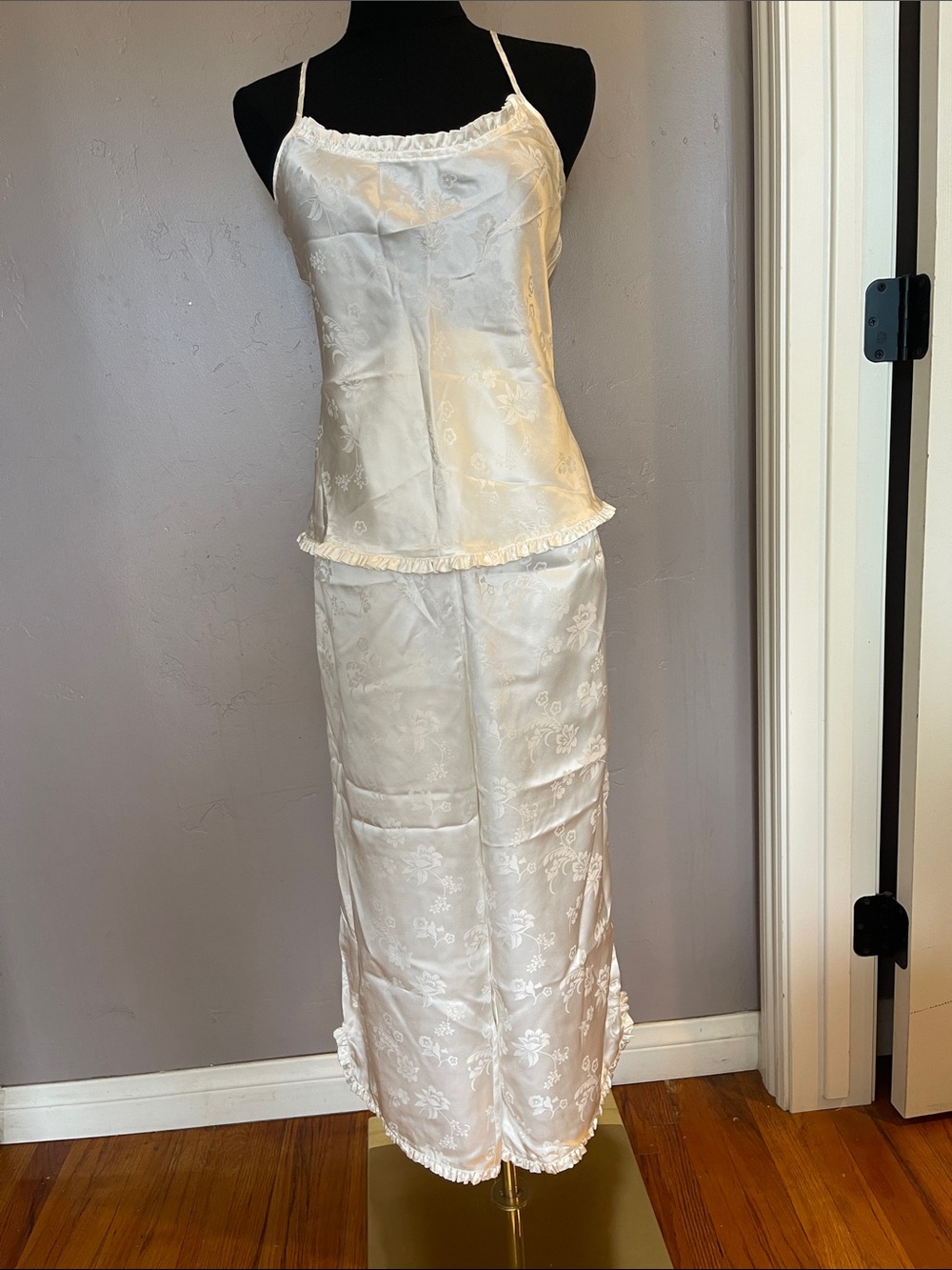 NWT Vintage Private Luxuries 100% Silk Ruffle Pajama Pant Set White S Small